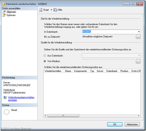 Wiederherstellen einer Datenbank im SQL Server 2008